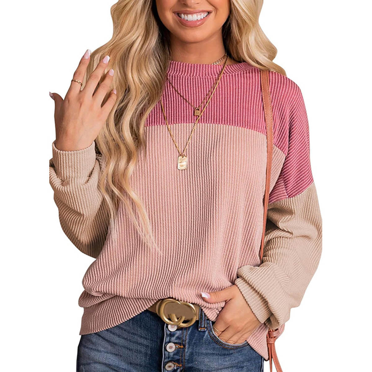 Womens Color Block Long Sleeve Crewneck Knitted Casual Pullover Tops